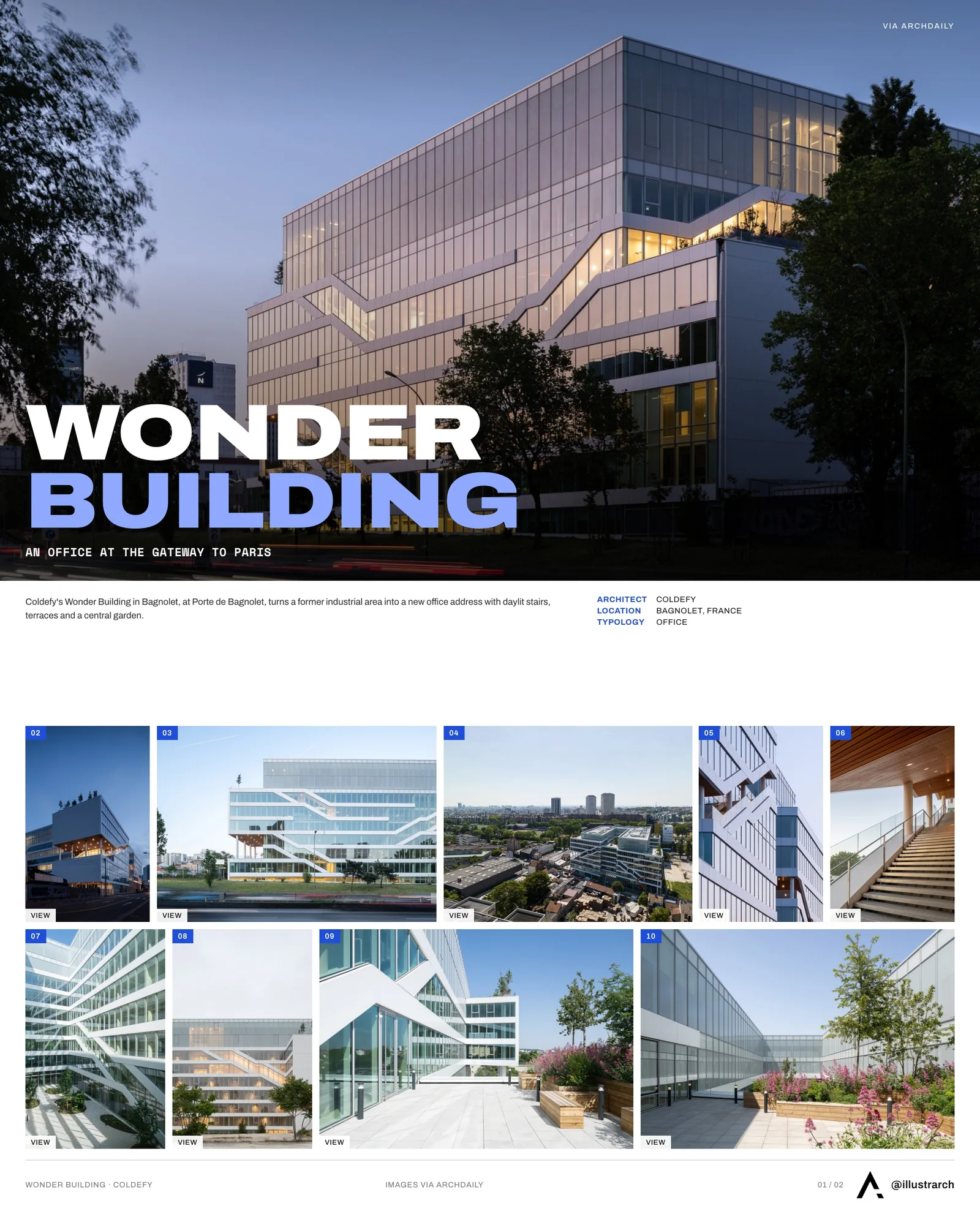 Presentation board cover for The Wonder Building: Redefining Parisian Workspaces with Sustainability, with the lead image, project summary and a grid of photographs and drawings