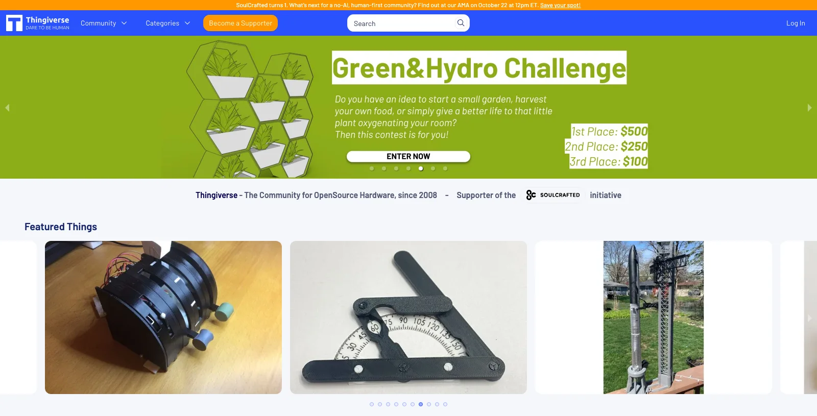 Thingiverse home page with a design challenge banner and a row of featured 3D printable things