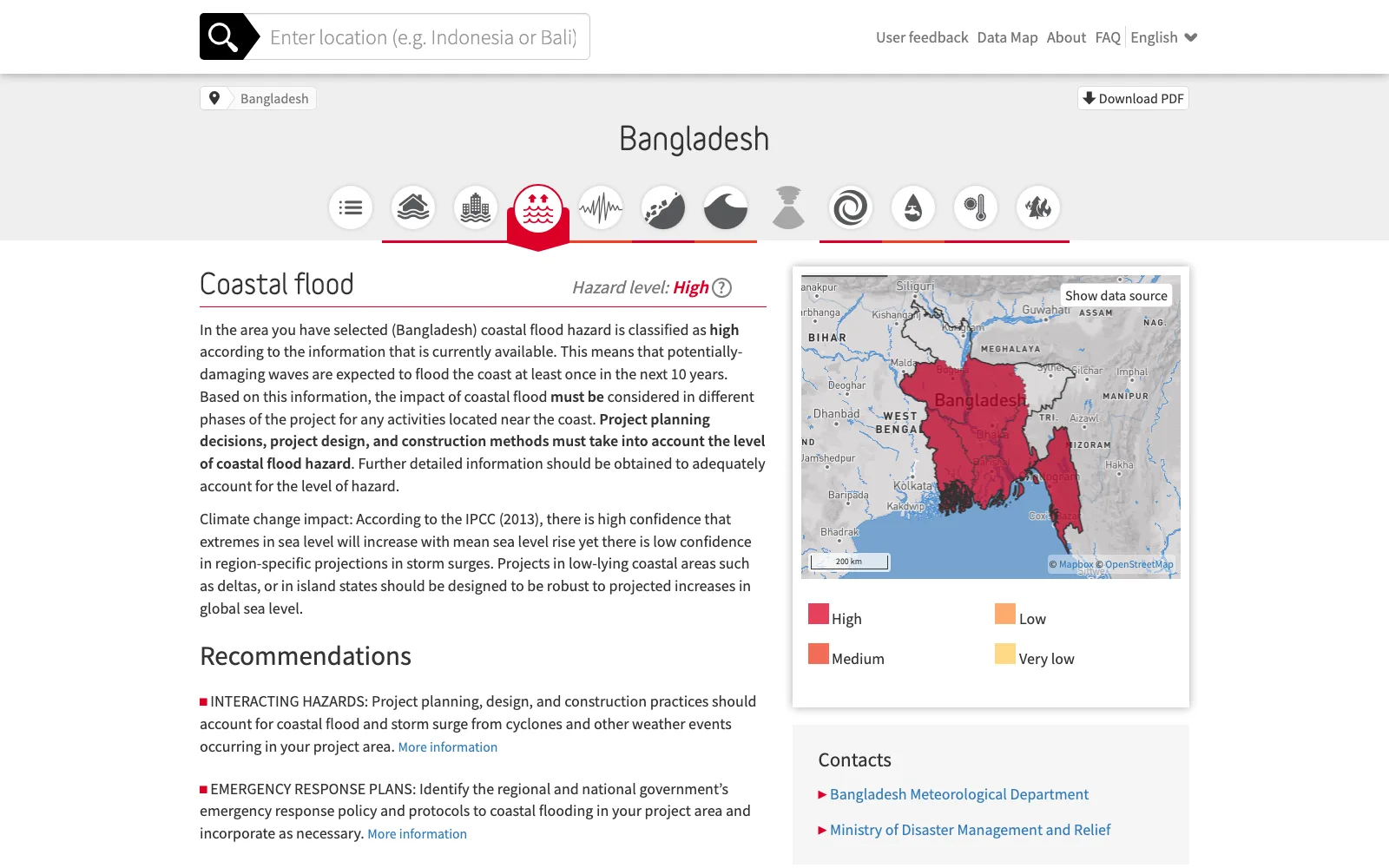ThinkHazard! report for Bangladesh rating coastal flood hazard as high, with a red hazard map