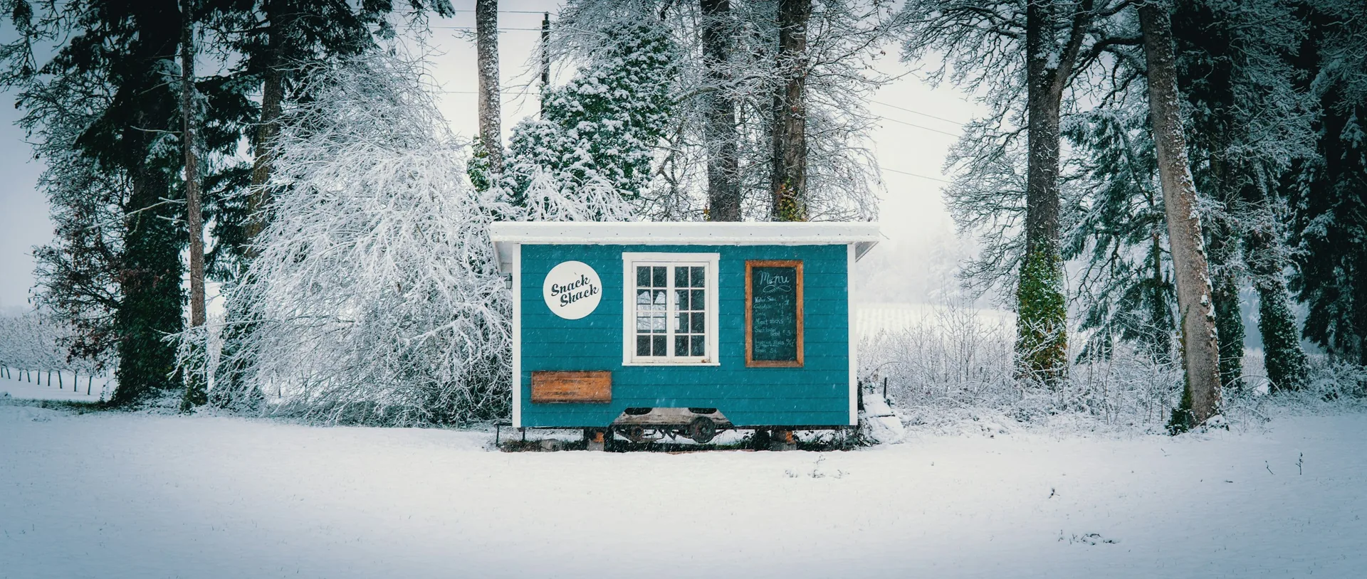 Teal tiny house on a wheeled chassis standing in a snowy clearing surrounded by frosted trees