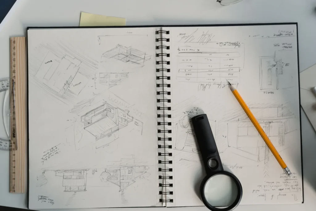 Open sketchbook with pencil studies of furniture and interiors next to a magnifying glass and a ruler