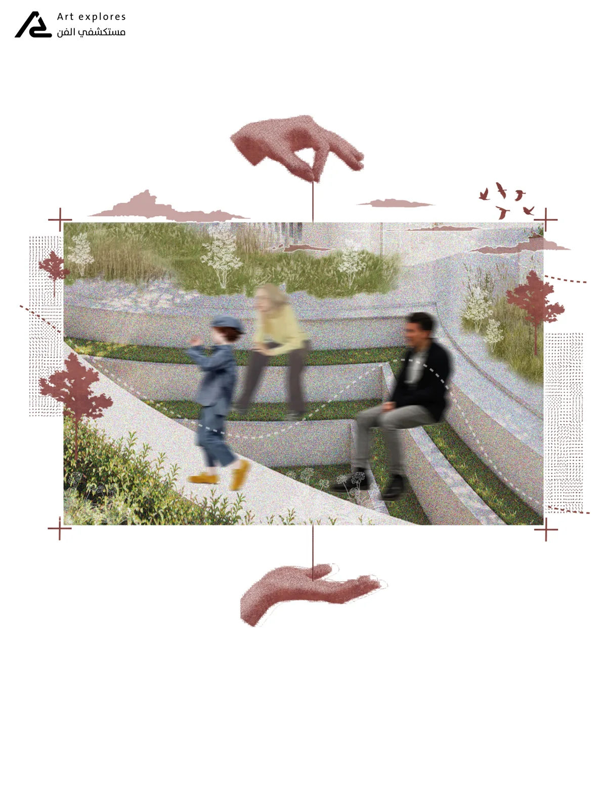 Photomontage of people sitting on green terraced steps framed by illustrated hands