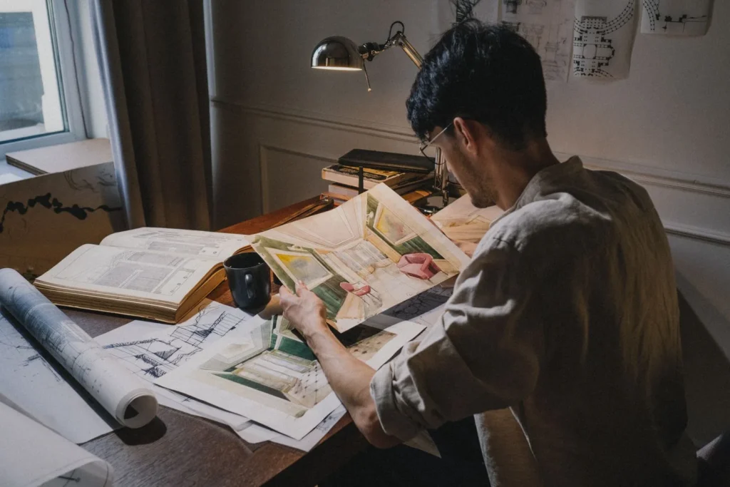 Student reviewing printed interior drawings and an open book at a desk lit by a lamp