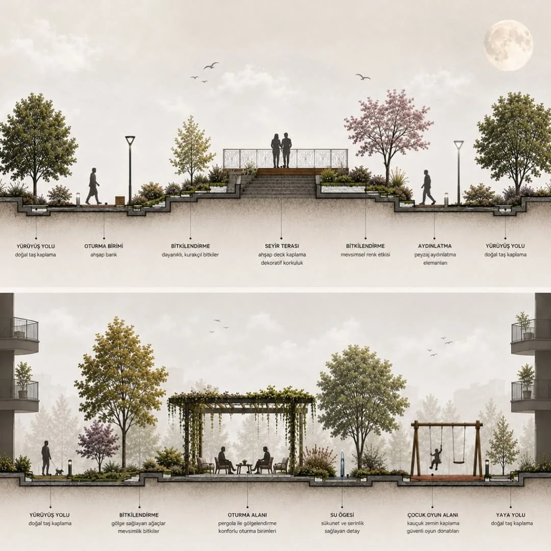 Trabzon landscape project sections, Trabzon, Türkiye, by Ay Tasarım, with viewing terrace, planting and walking paths
