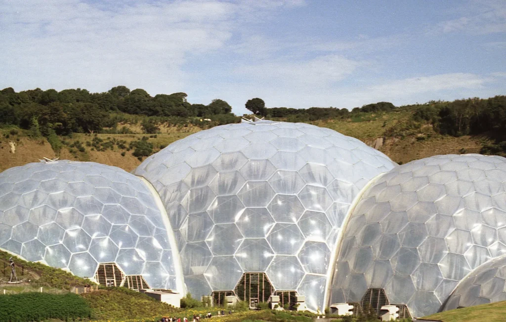 Hexagonal ETFE cushions covering the geodesic biomes of the Eden Project in Cornwall