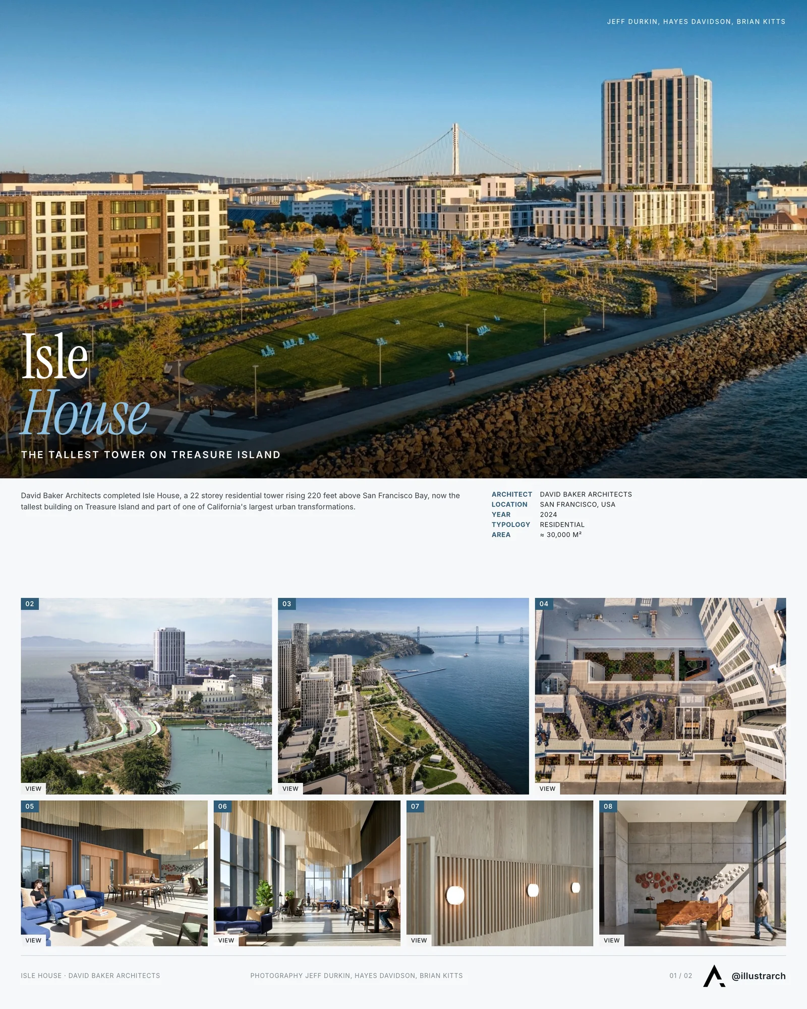 Presentation board cover for San Francisco's Treasure Island with the Tallest Residential Tower by David Baker Architects, with the lead image, project summary and a grid of photographs and drawings