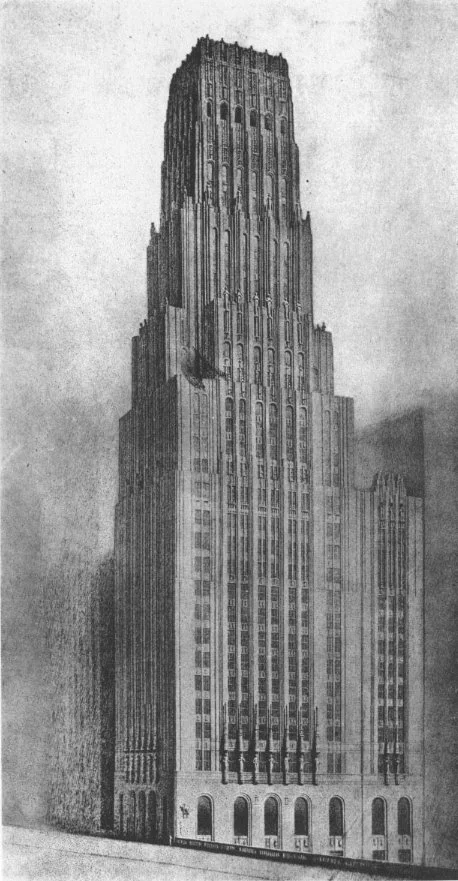 Eliel Saarinen second prize entry for the 1922 Chicago Tribune Tower competition, a stepped tower that influenced later skyscrapers