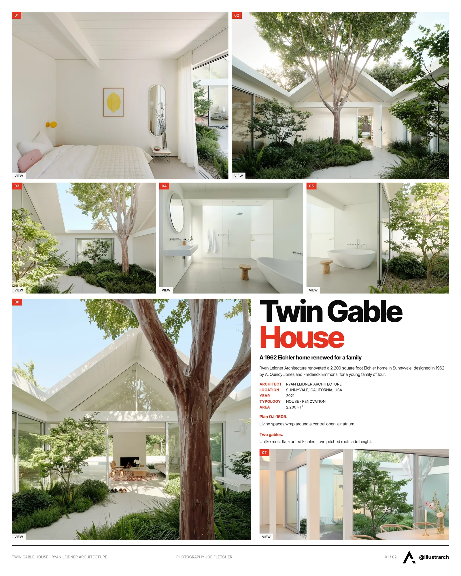 Presentation board cover for Twin Gable House: A 1962 Eichler Home Renovation by Ryan Leidner Architecture, with the lead image, project summary and a grid of photographs and drawings