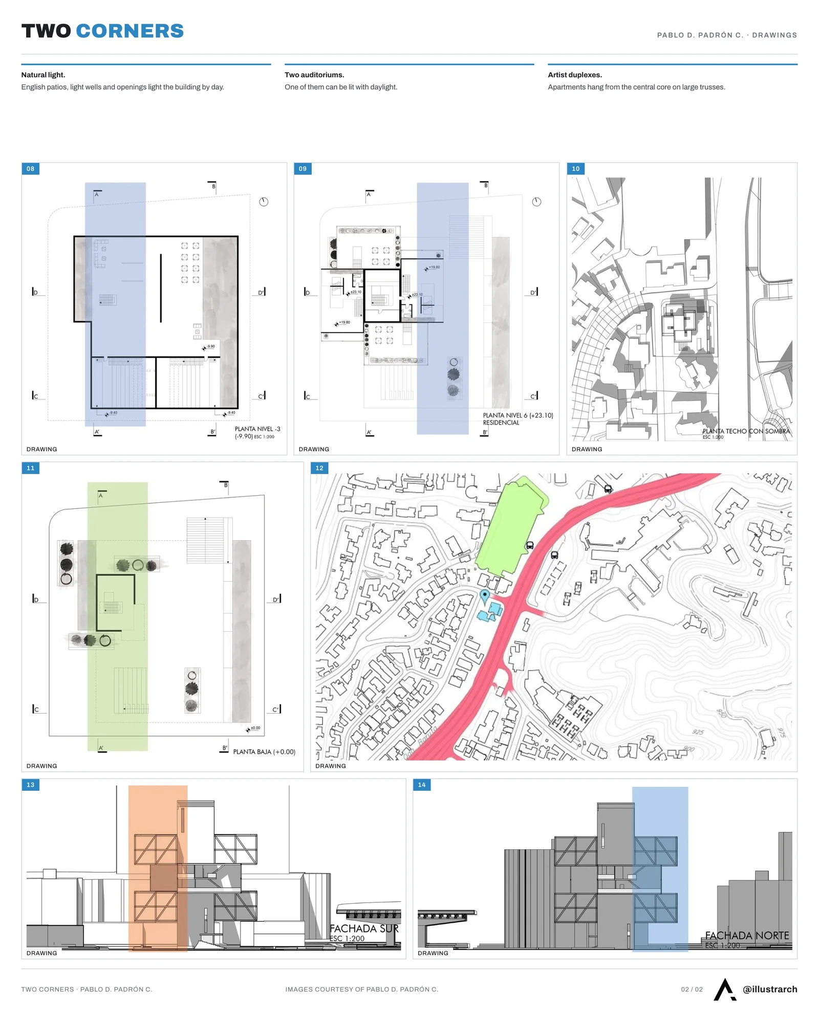 Second presentation board sheet for Two Corners: Overhead Art, laying out the project drawings and images on one page