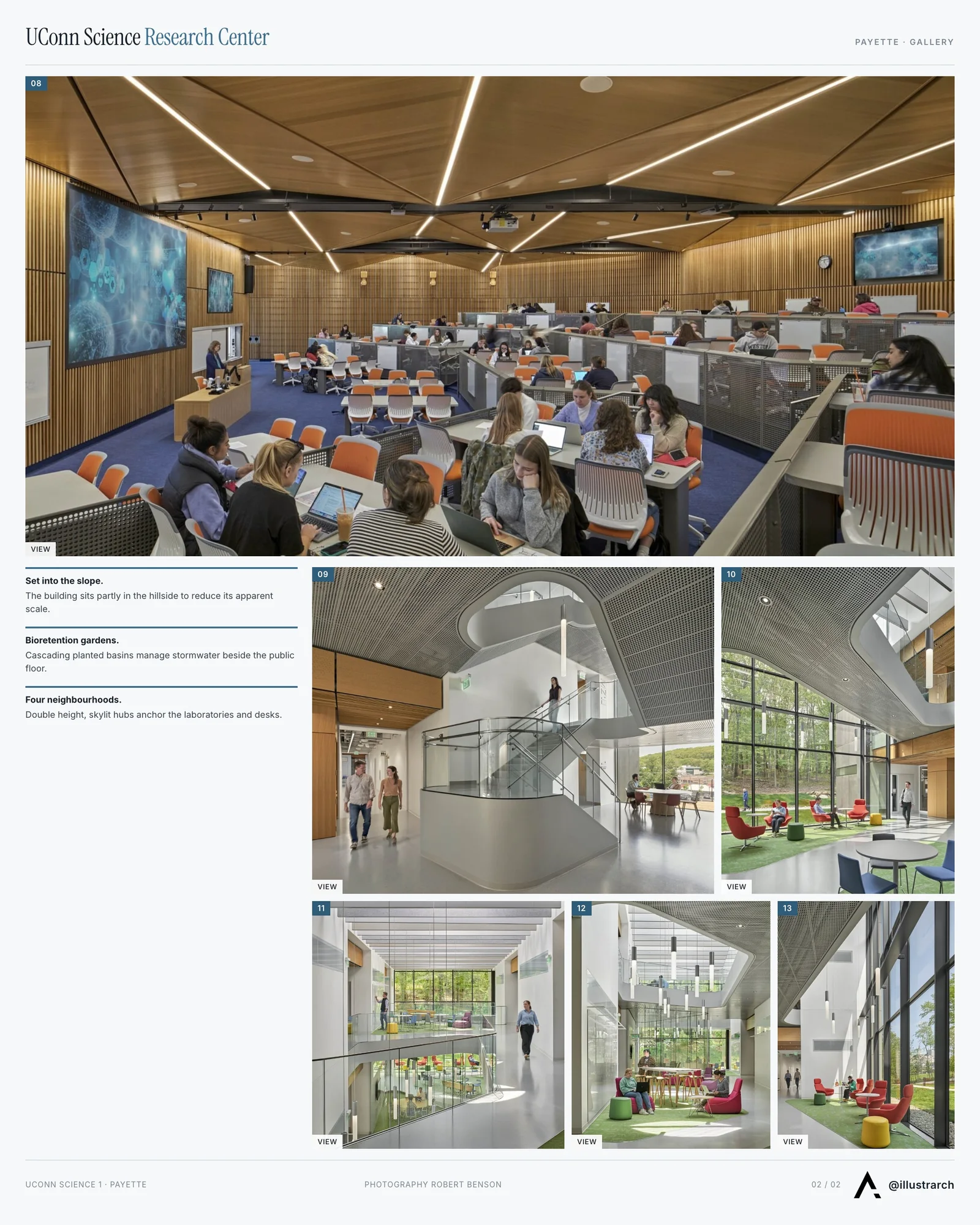 Second presentation board sheet for Science Research Center University of Connecticut by Payette, laying out the project drawings and images on one page