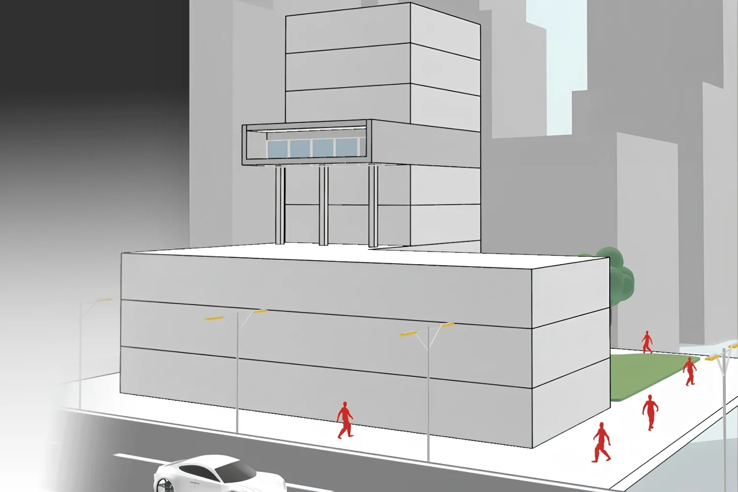 uMake massing model of a cantilevered office block on a podium with street lamps and red scale figures