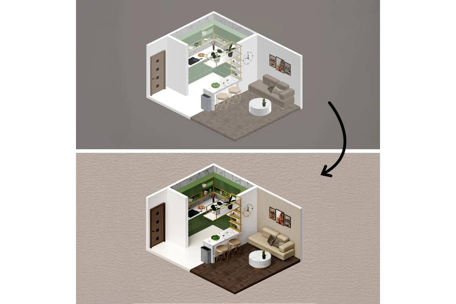 Two isometric uMake models of a furnished studio apartment, before and after adding finishes and furniture