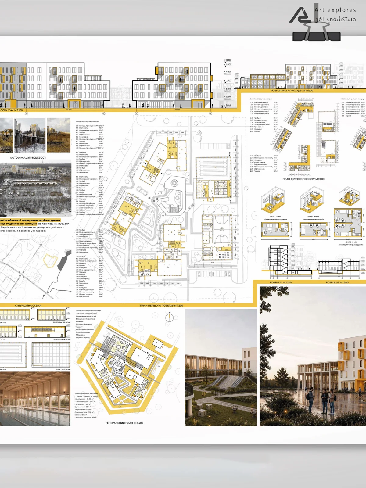 Thesis board combining floor plans, a site plan and project photographs, from a master's thesis