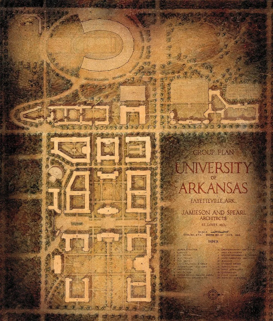 University of Arkansas group plan (1925), Fayetteville, Arkansas, by Jamieson and Spearl, with Collegiate Gothic quadrangles