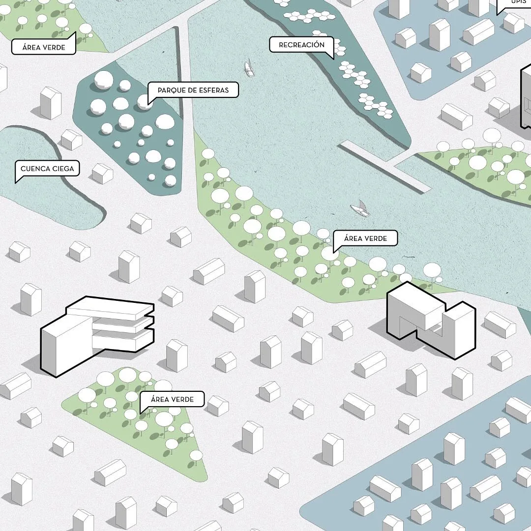 Aerial landscape plan labeling green areas, recreation zone and a sphere park along a river edge