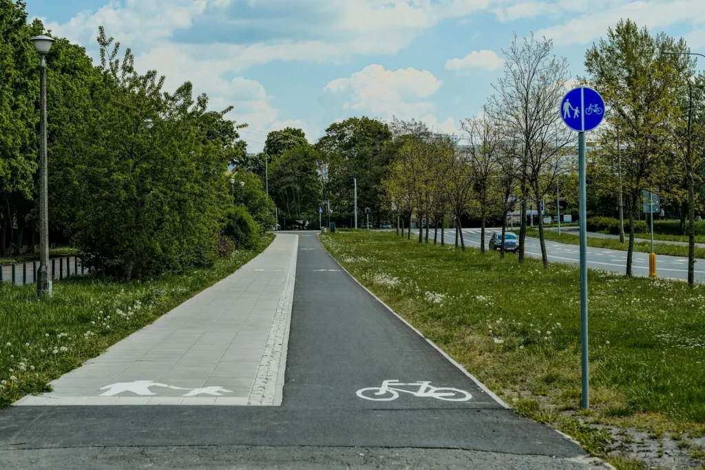 Separate lanes for pedestrians and bicycles running beside a city road lined with trees