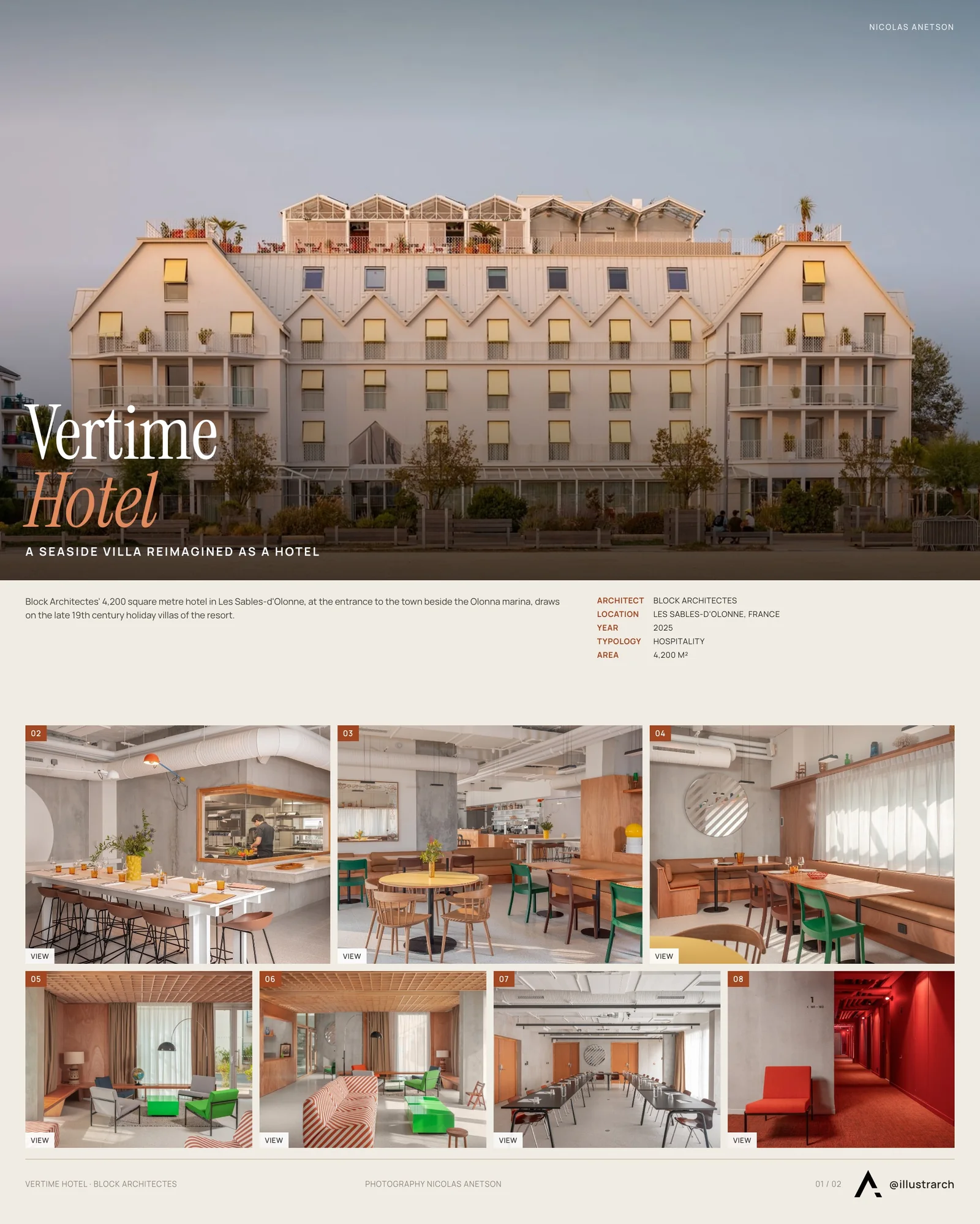 Presentation board cover for Vertime Hotel by Block Architectes, with the lead image, project summary and a grid of photographs and drawings