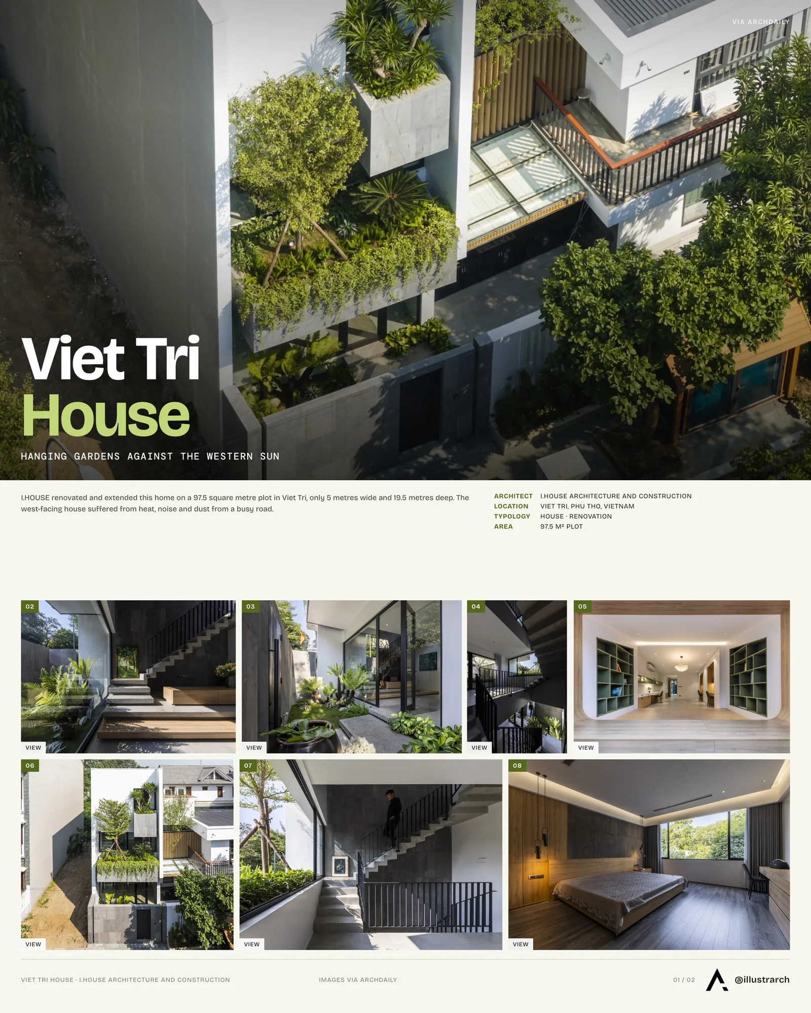 Presentation board cover for Revitalizing Urban Living: The Viet Tri House Transformation, with the lead image, project summary and a grid of photographs and drawings