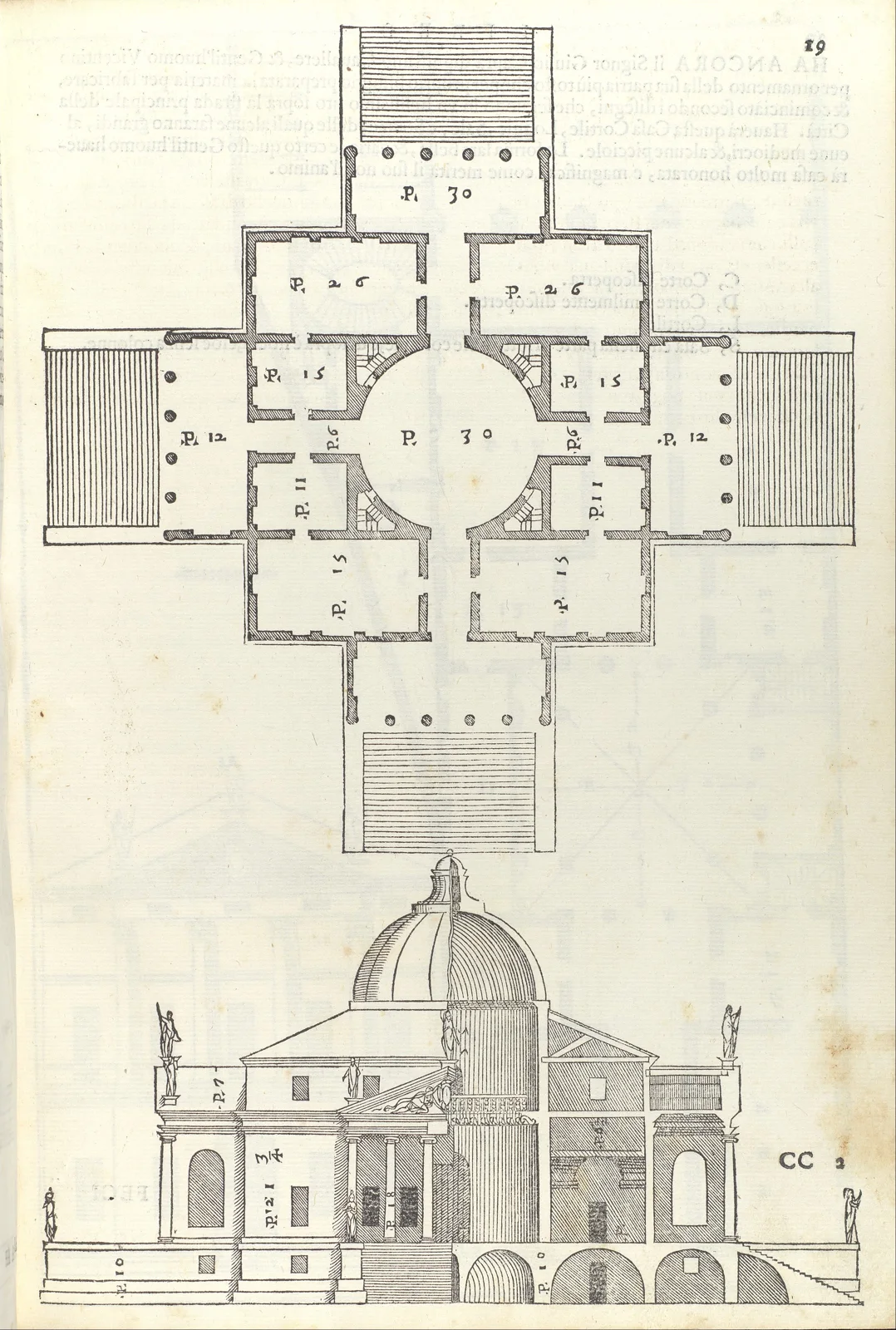 Palladio plate of Villa La Rotonda from I Quattro Libri, combining the plan with a half elevation and half section