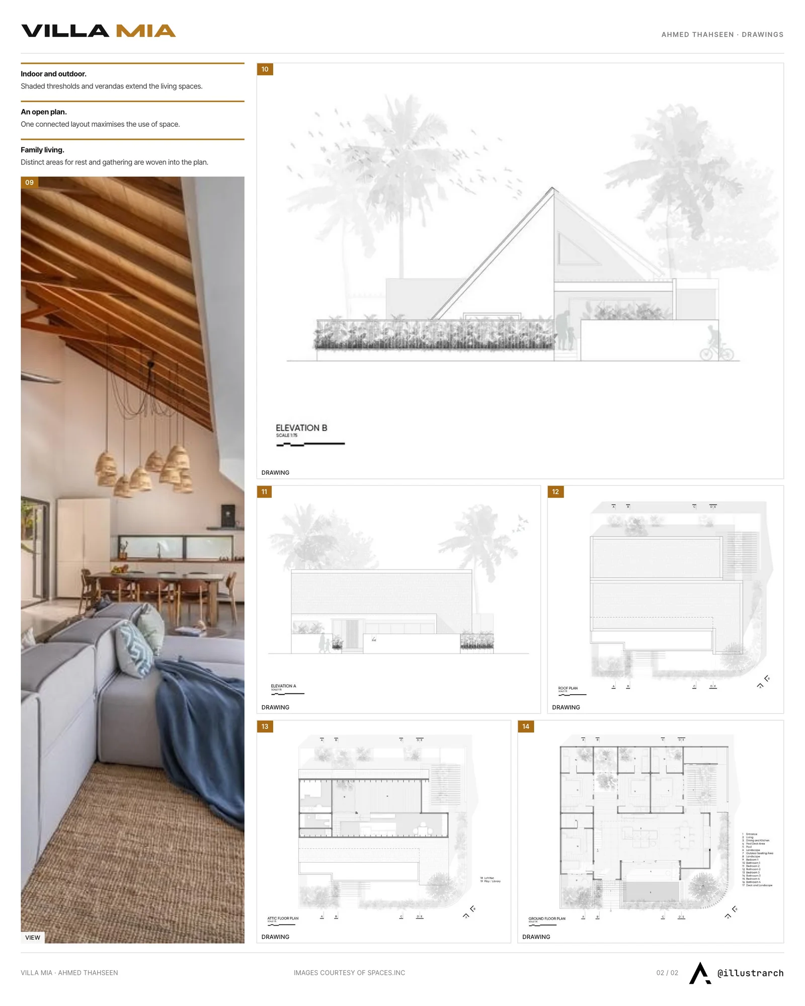Second presentation board sheet for Villa Mia, laying out the project drawings and images on one page