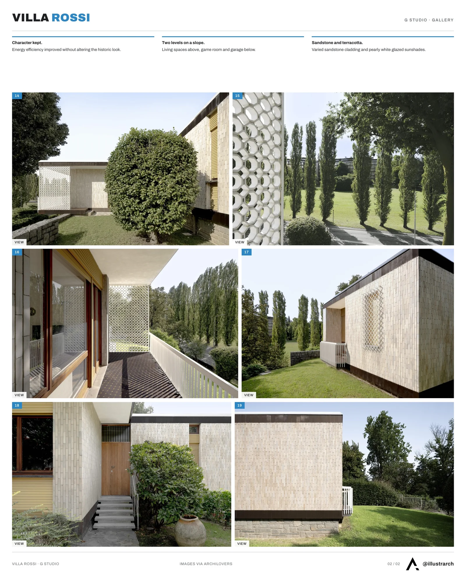 Second presentation board sheet for The Sustainable and Modern Restoration of Villa Rossi, laying out the project drawings and images on one page