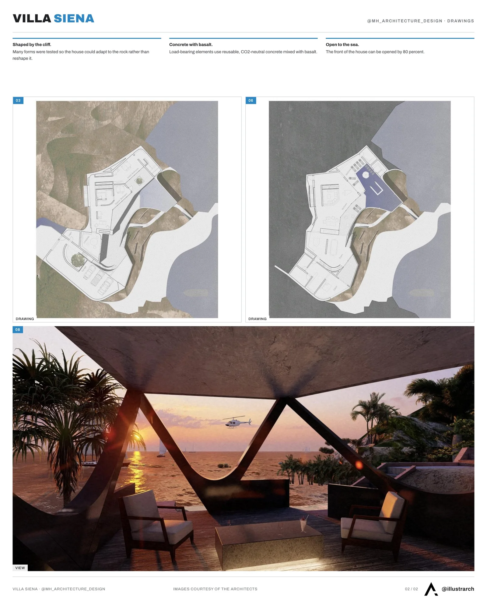 Second presentation board sheet for Villa Siena, laying out the project drawings and images on one page