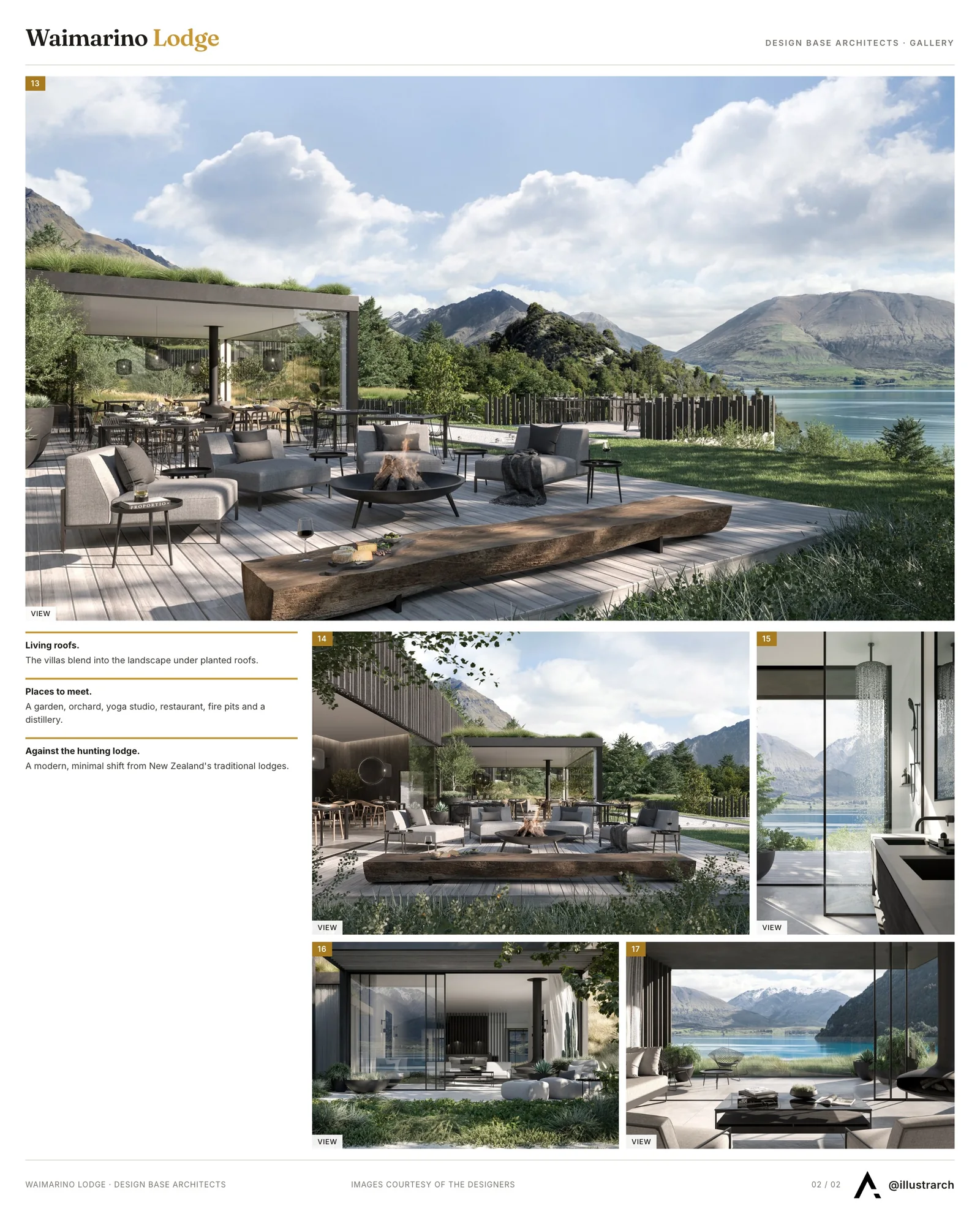 Second presentation board sheet for Waimarino Luxury Lodge the Future of Sustainable Indulgence, laying out the project drawings and images on one page