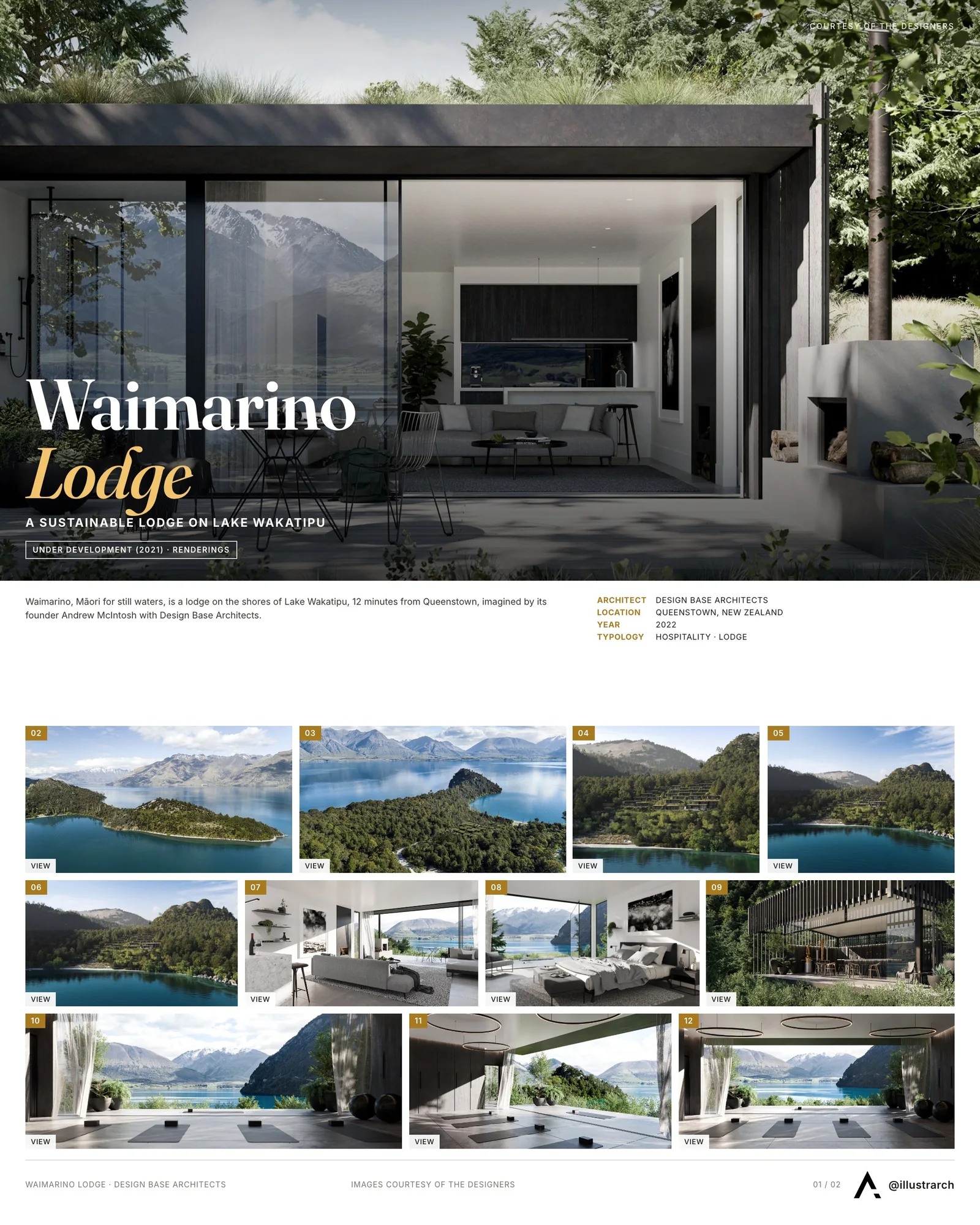 Presentation board cover for Waimarino Luxury Lodge the Future of Sustainable Indulgence, with the lead image, project summary and a grid of photographs and drawings