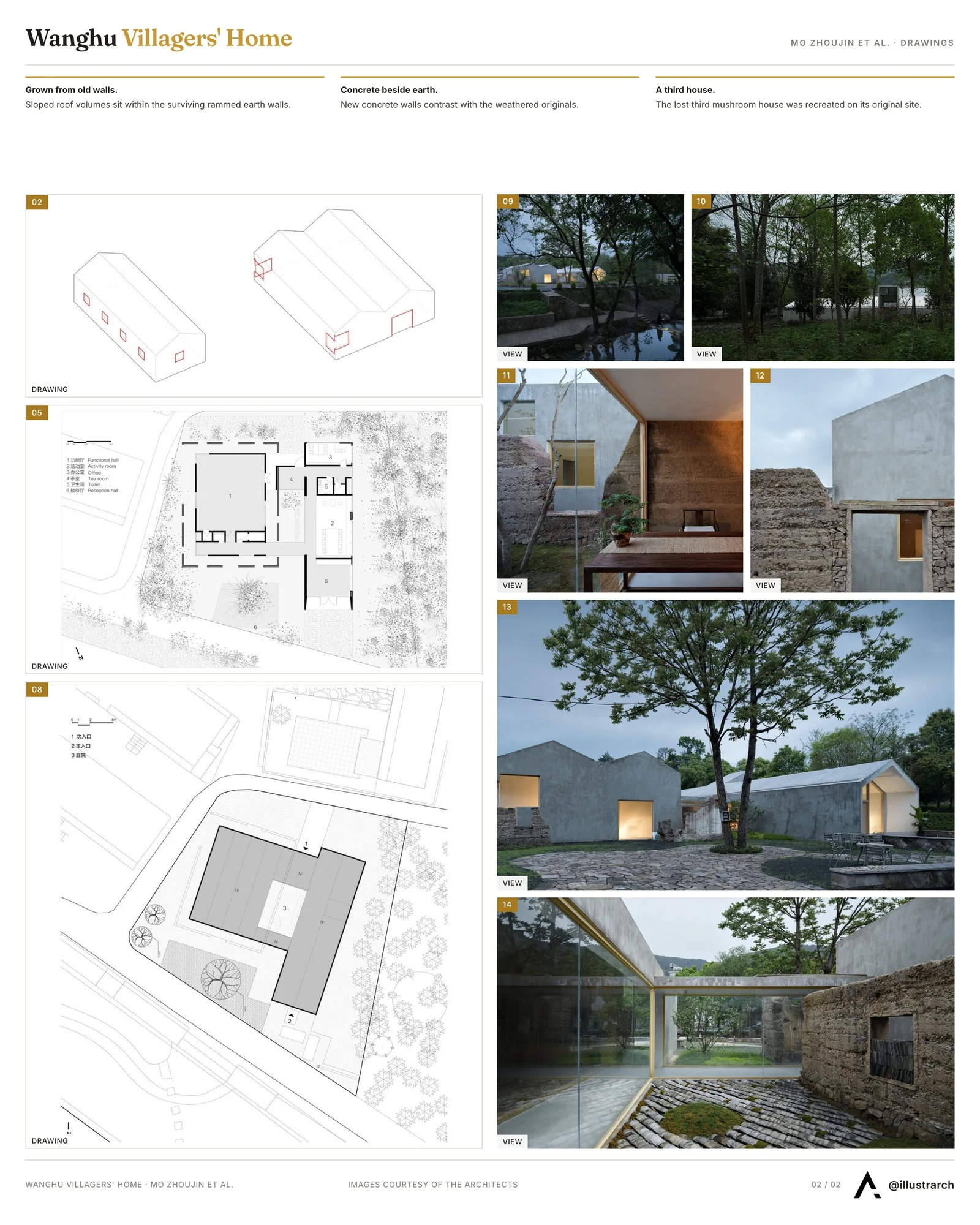 Second presentation board sheet for Villager's Home in Wanghu Village, laying out the project drawings and images on one page