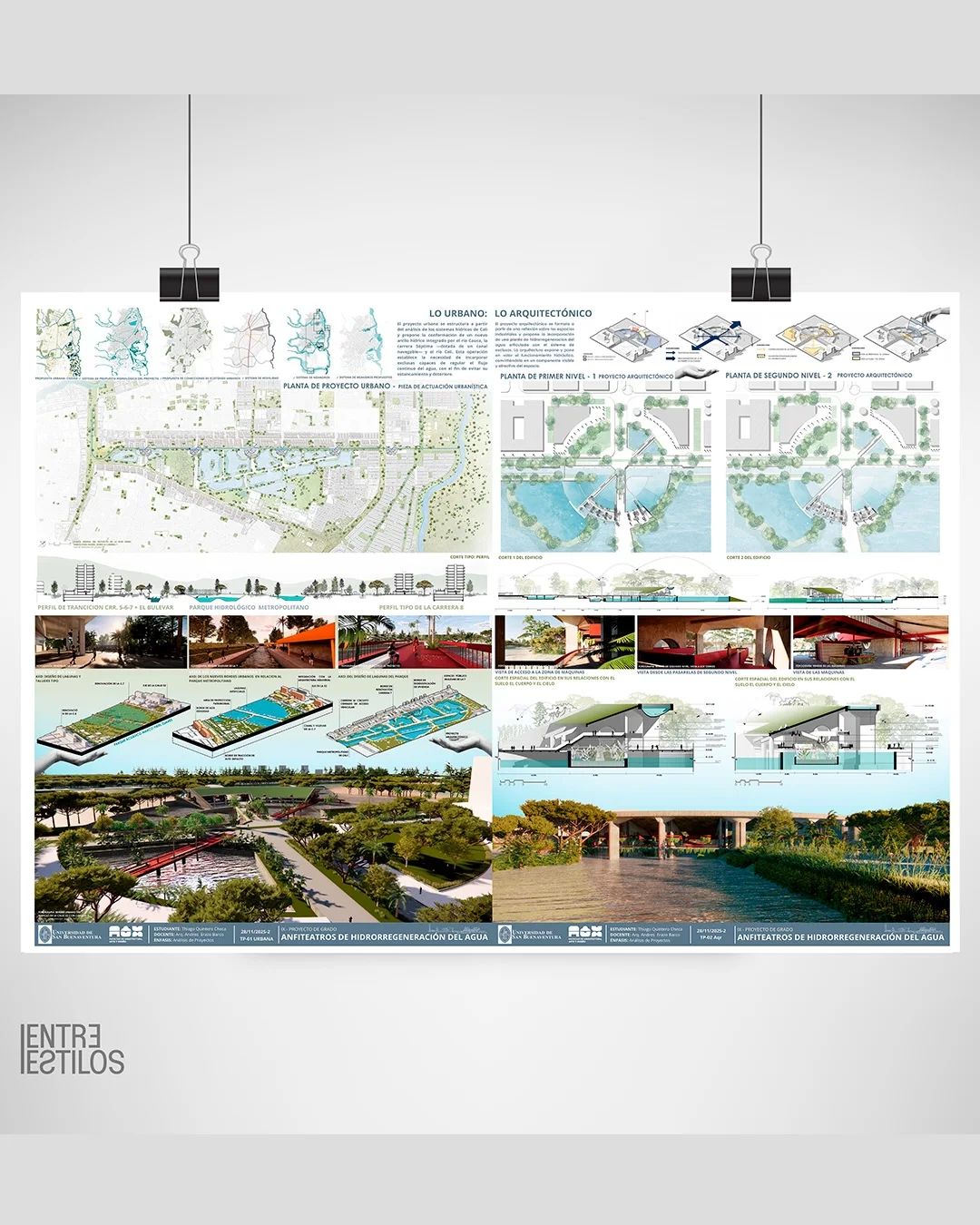 Photographed pinned board with maps and a grid of aerial photographs