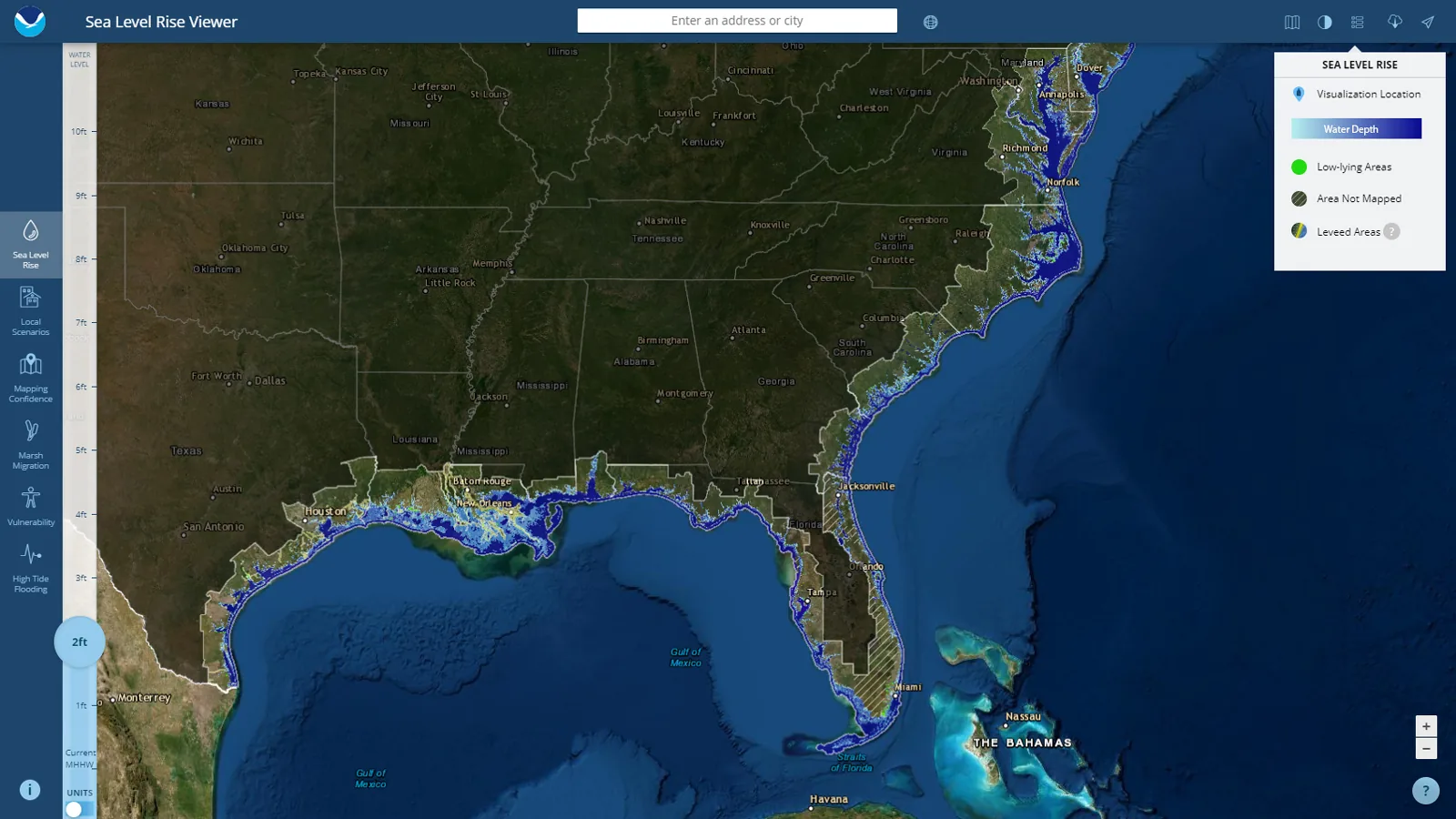 NOAA Sea Level Rise Viewer showing projected inundation along the US Southeast coast