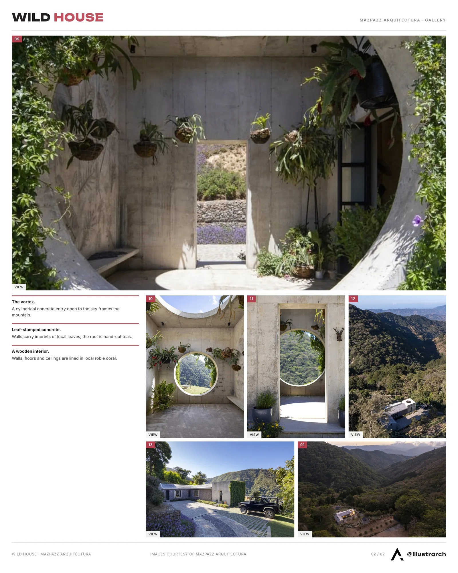 Second presentation board sheet for Wild House by Mazpazz Arquitectura: A Brutalist Sanctuary in the Costa Rican Highlands, laying out the project drawings and images on one page