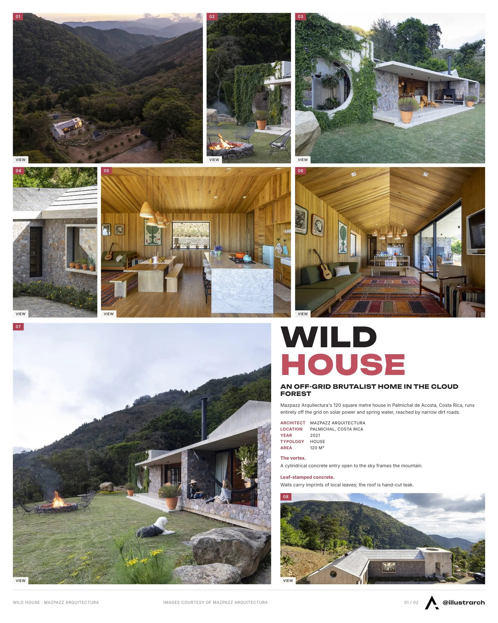 Presentation board cover for Wild House by Mazpazz Arquitectura: A Brutalist Sanctuary in the Costa Rican Highlands, with the lead image, project summary and a grid of photographs and drawings