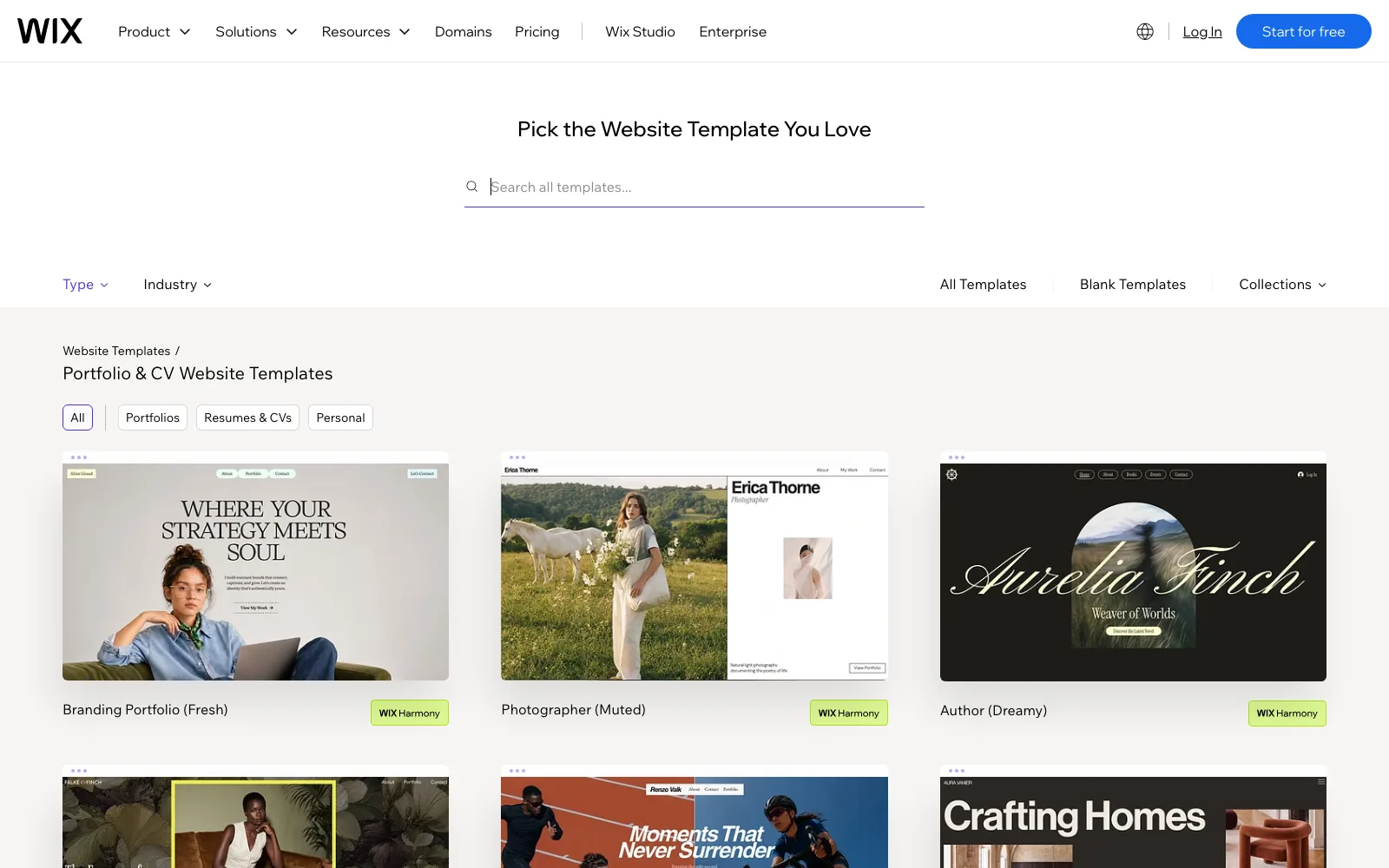Wix portfolio and CV template gallery with branding, photographer and author website layouts