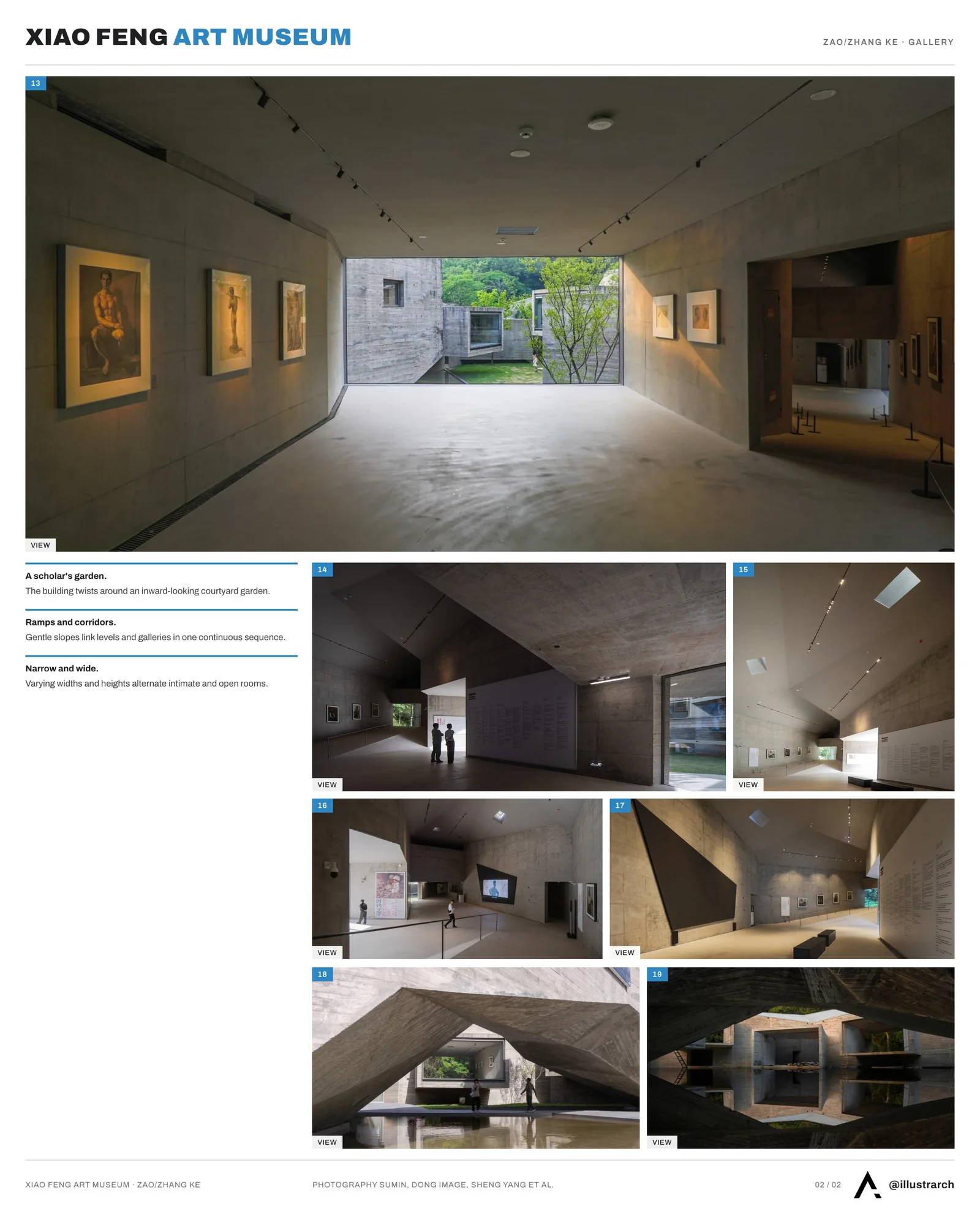 Second presentation board sheet for Xiao Feng Art Museum by ZAO/Zhang Ke Architecture Office, laying out the project drawings and images on one page