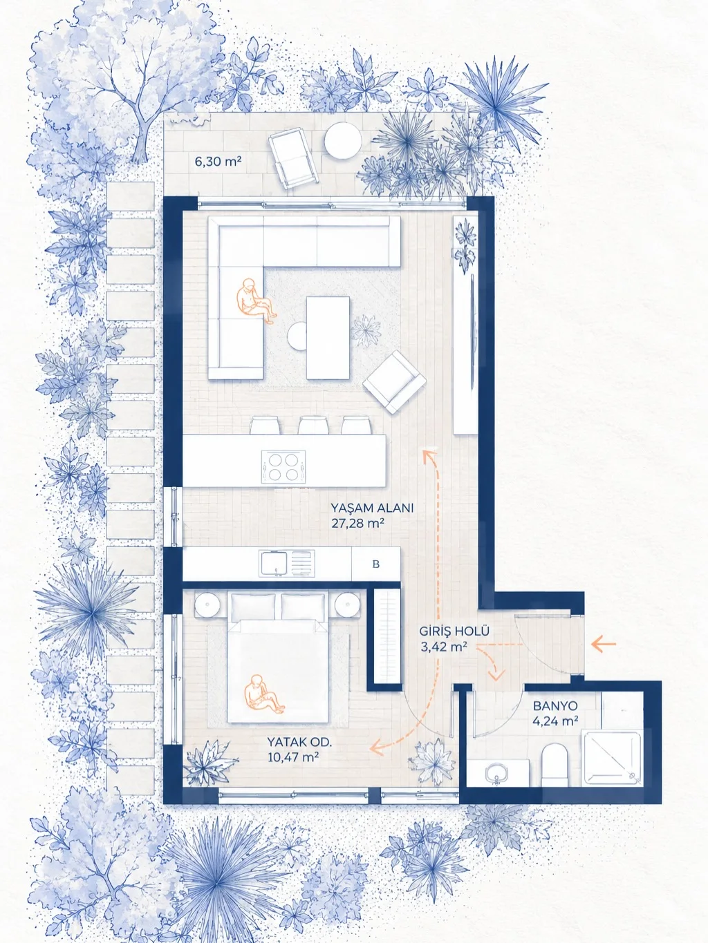 L shaped blue line apartment floor plan with labeled rooms and a floral border