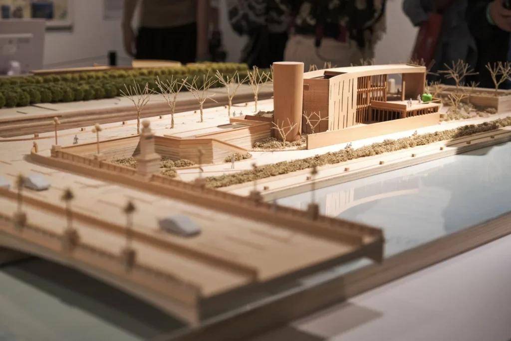 Detailed wooden scale model of a building and its landscape on display