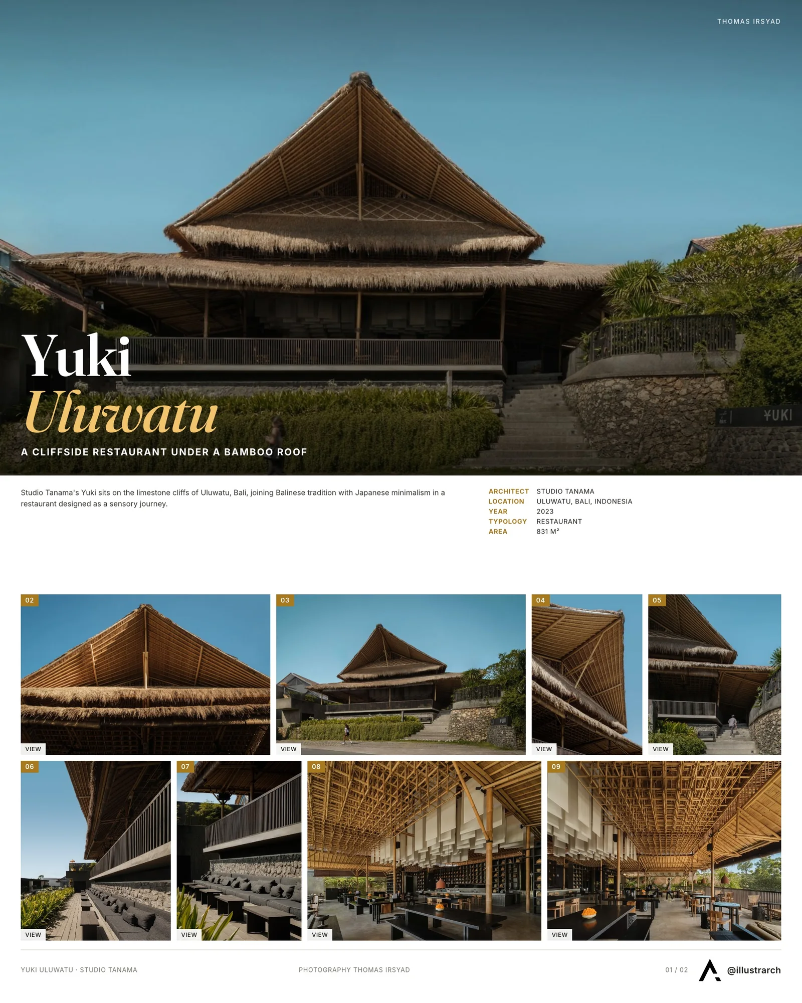 Presentation board cover for Yuki - Uluwatu by Studio Tanama, with the lead image, project summary and a grid of photographs and drawings