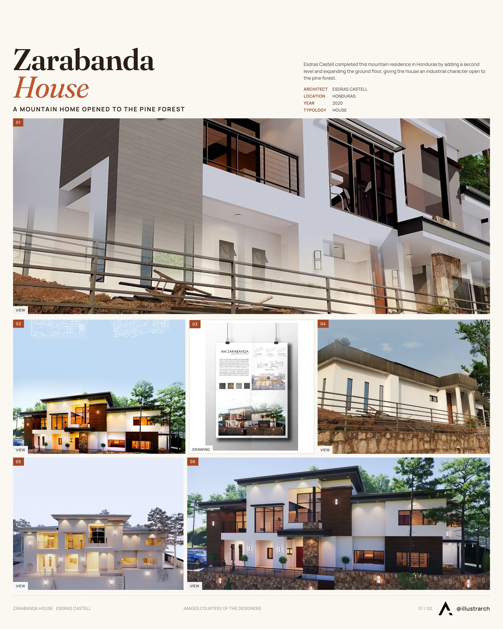 Presentation board cover for Zarabanda House, with the lead image, project summary and a grid of photographs and drawings