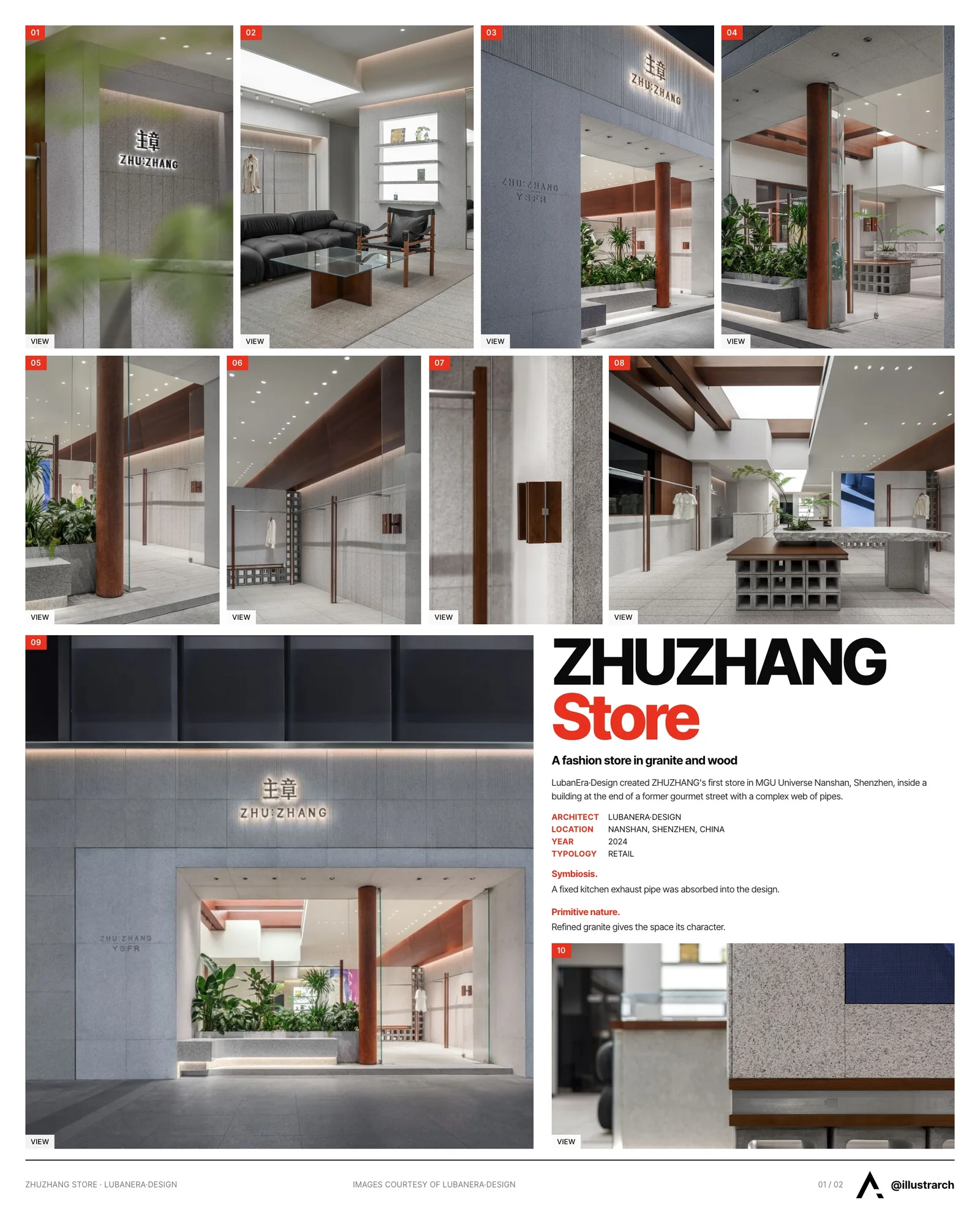 Presentation board cover for ZHUZHANG Store, with the lead image, project summary and a grid of photographs and drawings